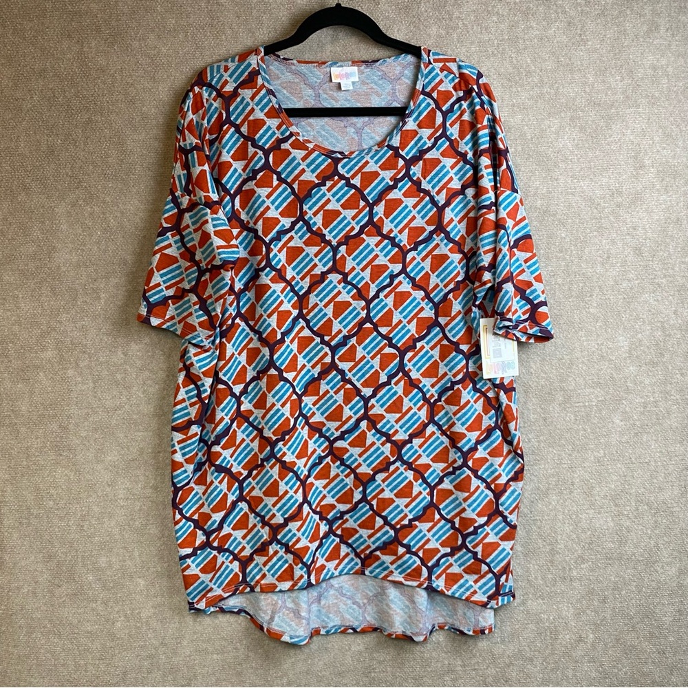 LuLaRoe IRMA Women's Size XL Blue Hi-Lo Shirt Geometric Scoop Neck Top